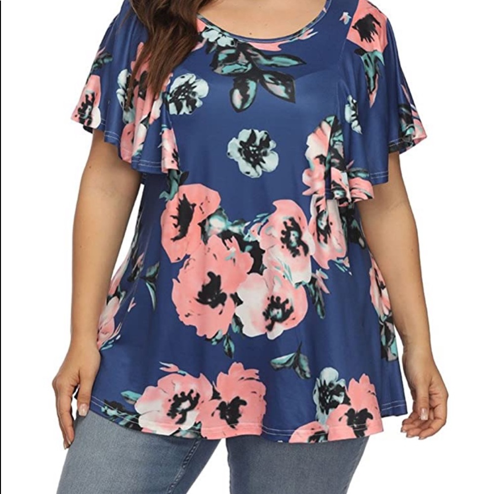 Plus Size Floral Printing Short Ruffle Sleeve - Picture 3 of 3